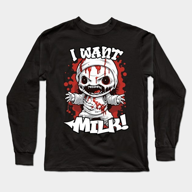 Spooky "I Want Milk" Mummy Cartoon Tee Long Sleeve T-Shirt by Skull Riffs & Zombie Threads